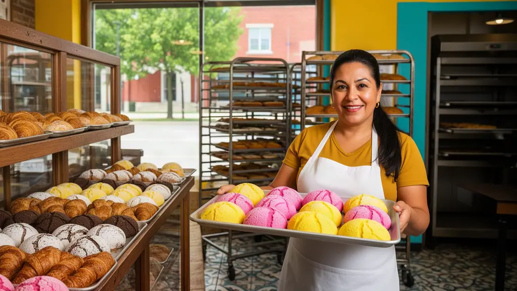 A smiling baker holds a tray of fresh pink and yellow conchas in her panaderia, glass cases and racks of pan dulce around her.